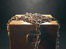 A locked wooden chest bound with heavy chains, illuminated by soft light, creating a mysterious and intriguing atmosphere. photo