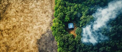Aerial view showing a clear boundary between lush green forest and dry land, with a small structure surrounded by smoke. photo