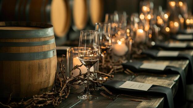 A beautifully set dining table with candles, glasses, and a wooden barrel creates an inviting atmosphere for an elegant gathering. photo