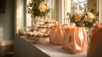 Elegant table setting with floral arrangements and pink gift bags, creating a festive atmosphere for an event or celebration. photo