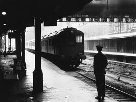 A solitary figure stands at a train station as a vintage train departs, evoking nostalgia and the passage of time in a monochrome setting. photo