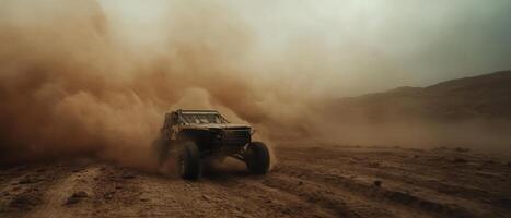 A rugged vehicle navigates through a dusty landscape, creating a dramatic cloud of dust against a moody sky. photo