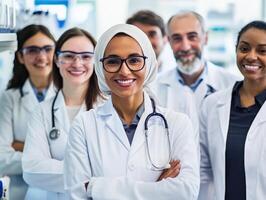 A diverse group of healthcare professionals in lab coats smiles confidently, showcasing unity and expertise in a medical environment. photo