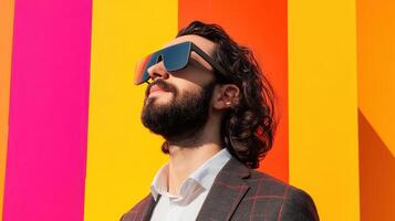Digital Marketing Spend Concept. Man with sunglasses gazes upward against a vibrant, colorful background of pink and orange stripes. photo