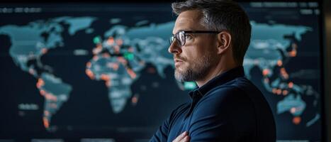 Smart Global Logistics Concept. A focused man stands before a world map display, analyzing data and trends in a modern workspace. photo