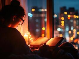 Economic Inequality Concept. A woman reads a book by candlelight near a window, with a blurred cityscape illuminated by lights in the background. photo