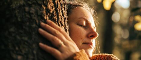 A serene moment of connection between a woman and a tree, highlighting nature's beauty and the tranquility of the outdoors. photo