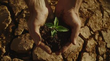 A pair of hands cradles a small green plant in dry, cracked earth, symbolizing hope and the importance of nurturing nature. photo