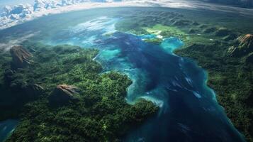 Aerial view of a lush, green landscape surrounded by vibrant blue waters, showcasing an idyllic tropical paradise with diverse natural features. photo