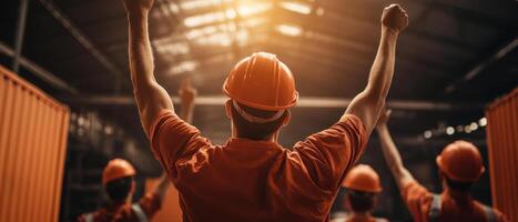 Smart Global Logistics Concept. Construction workers cheerfully celebrate in a warehouse, wearing orange uniforms and hard hats, with sunlight streaming in from above. photo