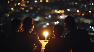 Economic Inequality Concept. A family observes a city skyline at night, illuminated by a candle, creating a warm, intimate atmosphere. photo
