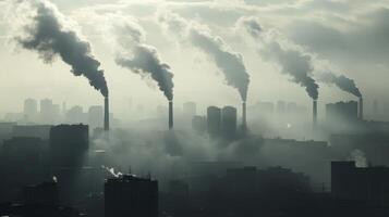 Industrial Cityscape with Heavy Pollution and Smoke Emissions from Multiple Factory Chimneys photo