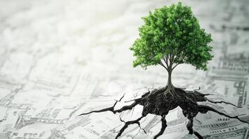 ESG Investing Trends Concept. A solitary green tree emerges from cracked earth, symbolizing resilience and growth amidst a backdrop resembling currency or financial documents. photo
