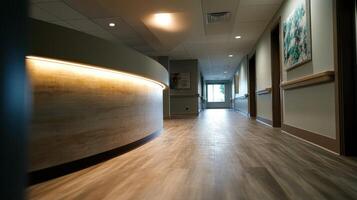 Modern Hospital Corridor with Wooden Flooring and Soft Lighting in a Healthcare Facility photo