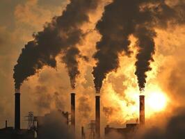 Industrial Factory Emissions at Sunset with Smoke Stacks and Pollution in the Air photo