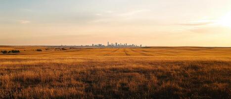 Economic Inequality Concept. Vast golden fields stretch towards a distant city skyline under a warm sunset, blending nature with urban life. photo