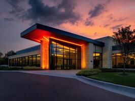 Modern Office Building with Glass Facade and Dramatic Sunset Sky photo