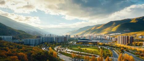Emerging market economic trends Concept. A scenic view of a valley with mountains, colorful autumn foliage, and a modern city skyline under a dramatic sky. photo