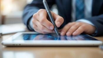 Close up businessman Write business analyze and calculate financial data on Tablet by Stylus photo