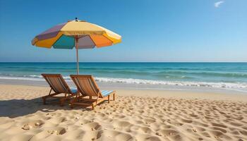 Beach umbrella with chairs In Tropical Beach, panorama background concept photo