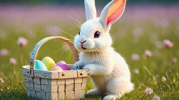 blanc lapin séance dans une printemps Prairie avec une panier plein de coloré Pâques des œufs video