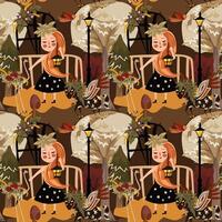 whimsical seamless pattern with a girl, Lantern and Pegasus in a garden vector