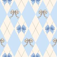 seamless pattern with argyle diamond design in pastel blue and cream, adorned with vintage hand drawn bows vector