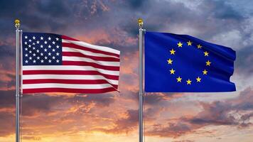 National flag of the United States and the European Union waving in the wind against a dramatic sunset sky video
