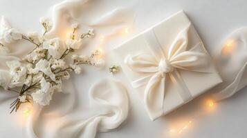 A beautifully wrapped gift with a bow, surrounded by delicate flowers and soft fabric, creating an elegant and serene atmosphere. photo
