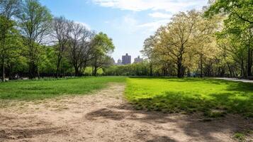 Economic Inequality Concept. A sunny park scene featuring green grass, trees, and a skyline in the background, inviting outdoor leisure activities. photo