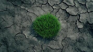 Economic Inequality Concept. A small patch of vibrant green grass grows in the center of cracked, dry earth, symbolizing resilience and hope in a harsh environment. photo