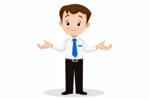 A Friendly cartoon character in business outfit with blue tie, smiling and gesturing with open hands, conveying welcoming attitude png