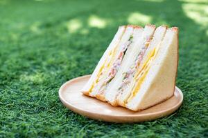 Homemade Sandwich, fried egg with crab stick, veg etable salad and mayonnaise served on a circular wooden dish. photo