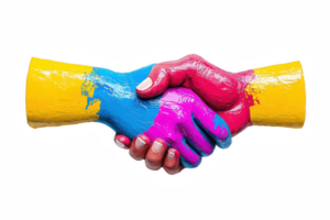 A Colorful painted hands shaking symbolize unity and collaboration. This vibrant image showcases creativity and diversity, emphasizing importance of teamwork and connection png