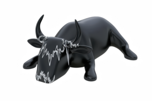 A stylized black bull with unique design featuring white zigzag patterns on its face, symbolizing market trends. This artistic representation evokes sense of strength and dynamism png