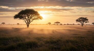 Savanna Sunrise with Mist and Trees Creating a Golden African Landscape photo