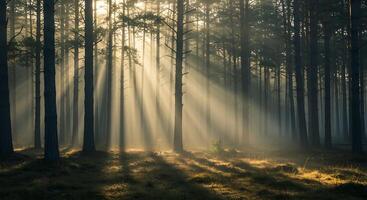 Sun Rays Streaming Through Forest Trees Creating a Dramatic Natural Scene photo