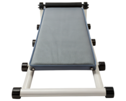 Gray padded exercise bench with wheels on a transparent background png