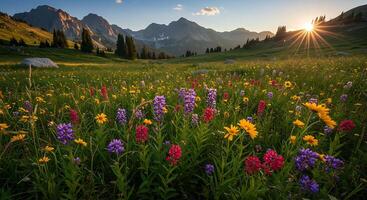Wildflower Meadow at Sunrise with Mountain Views and Golden Light photo