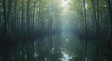 Mystical Mangrove Forest Reflection on Calm Water with Foggy Atmosphere photo