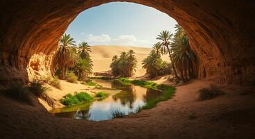 Desert Oasis View From Cave with Palms and Water Source photo