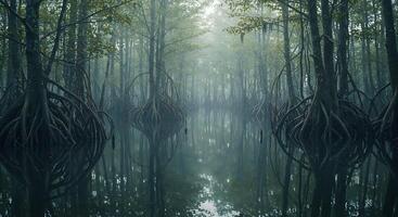 Exploring Tranquil Mangrove Forest with Water Reflection and Mystical Fog photo