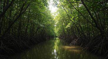 Exploring a Tranquil Mangrove Forest with Root Systems Over Waterway photo