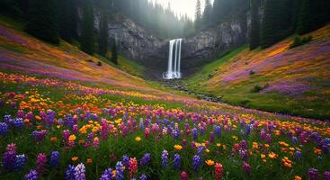 Waterfall Flowing Past Colorful Wildflower Meadow, Evergreen Forest photo