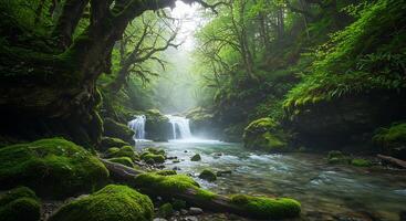 cascada cascada mediante lozano verde bosque con cubierto de musgo rocas y corriente foto