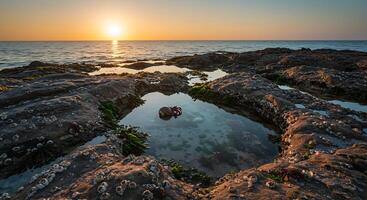 Hermit Crab in Tidal Pool at Sunset Along Rocky Ocean Shoreline photo