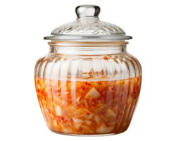 Kimchi in a glass jar with lid on a transparent background png