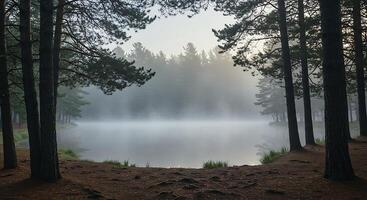 Foggy Morning Lake Scene Surrounded by Pine Trees and Forest photo