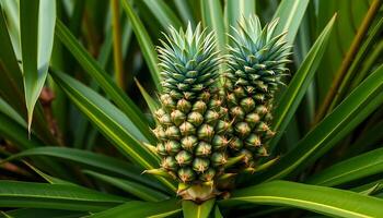 Tropical Pineapples Growing Amidst Lush Green Foliage in Vibrant Nature Setting photo