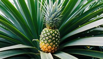 Fresh Pineapple Surrounded by Lush Green Leaves in Tropical Environment photo